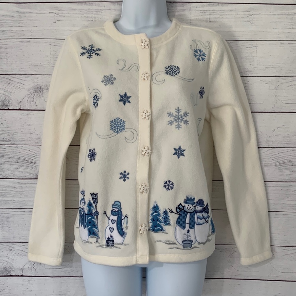 Euc Fashion Bug Snowman/Snowflake Button-Down Fle… - image 1